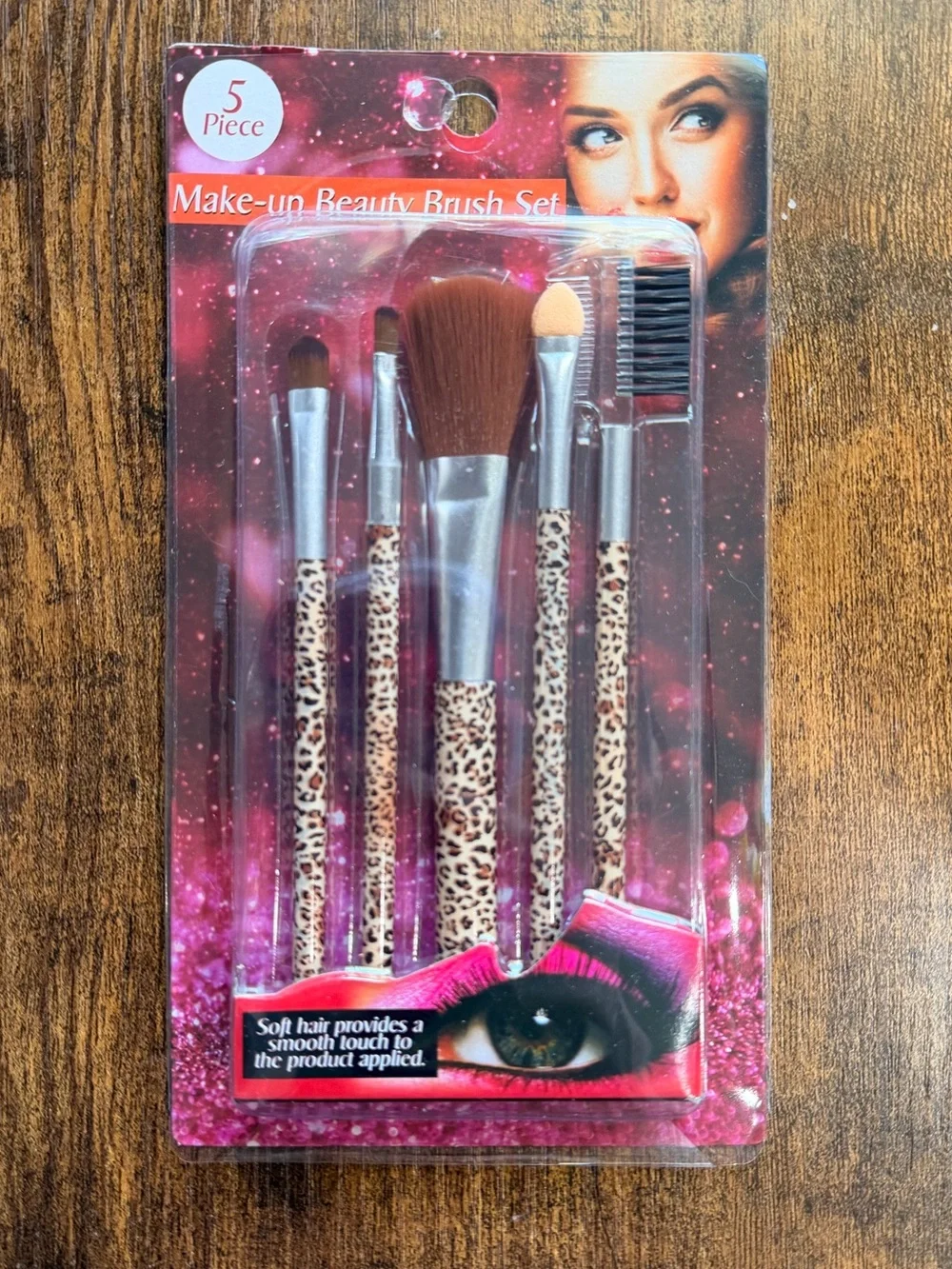 Leopard Print 5-Piece Makeup Brush Set - Brown Bristles